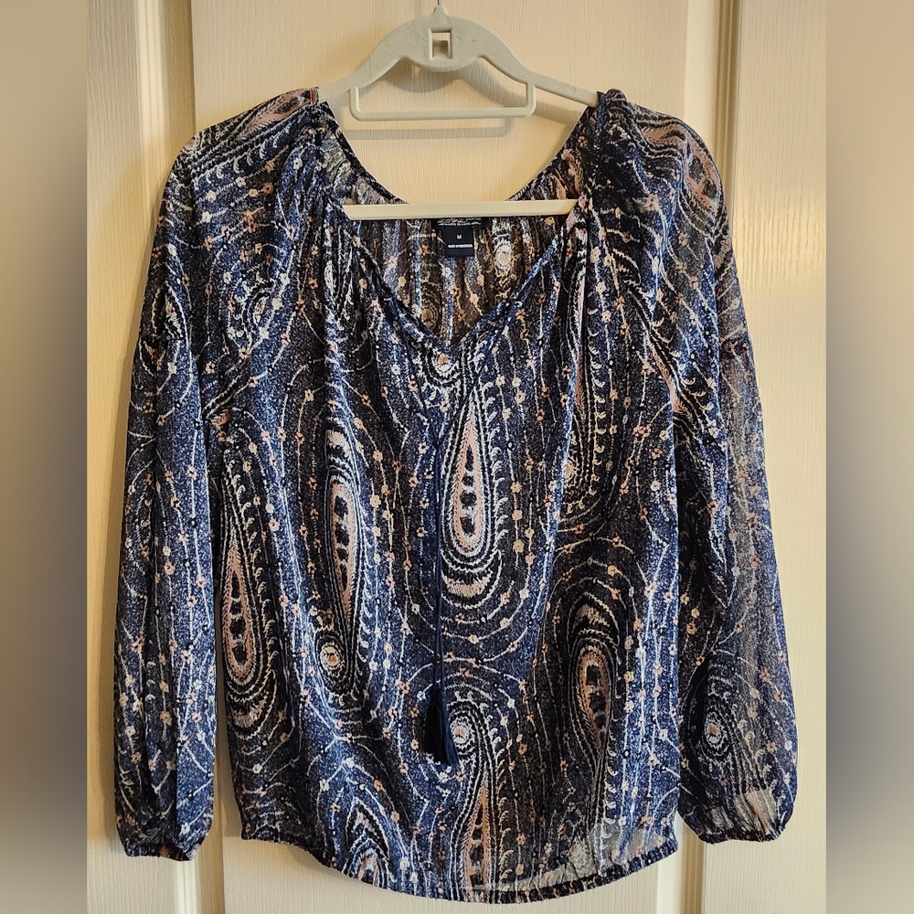 LUCKY BRAND Women's Sheer Long-Sleeve Blue Paisley Peasant Blouse. Size Medium.